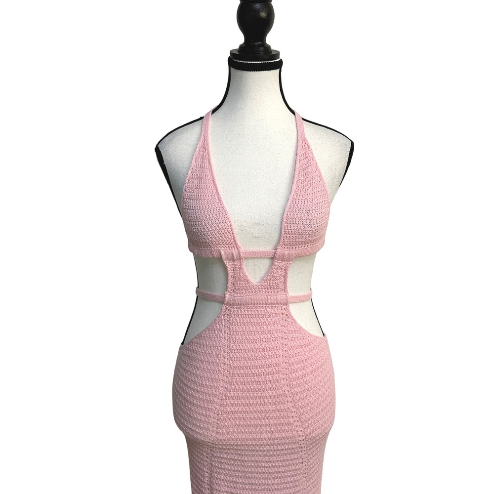 Pink Crochet Maxi‎ Dress Womens Small Halter Cutout Backless Coquette Boho Beach - Picture 3 of 9